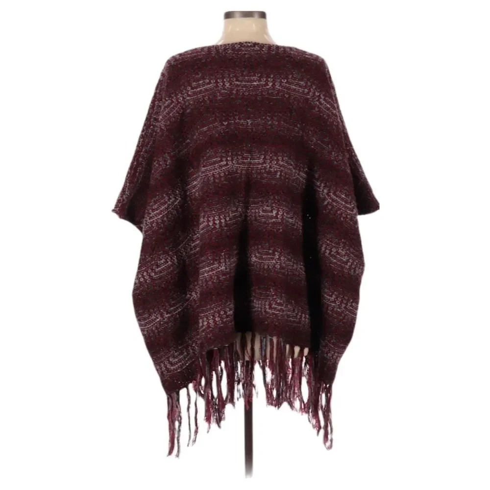 Anthro Mystree Poncho Sweater Size S/M Frayed Hem Chunky‎ Knit Boho Hippie